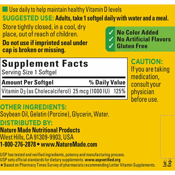 Nature Made Vitamin D3 25 mcg., 650 Softgels