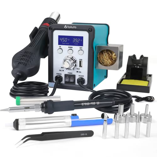 TOAUTO 8786D-V2 Soldering Station, 2 in 1 Soldering Iron Hot Air Gun Rework Station Kit with °F /°C Conversion, Digital Tem Correction, Remove Static Electricity Metal Box, Sleep Function,USB Charging