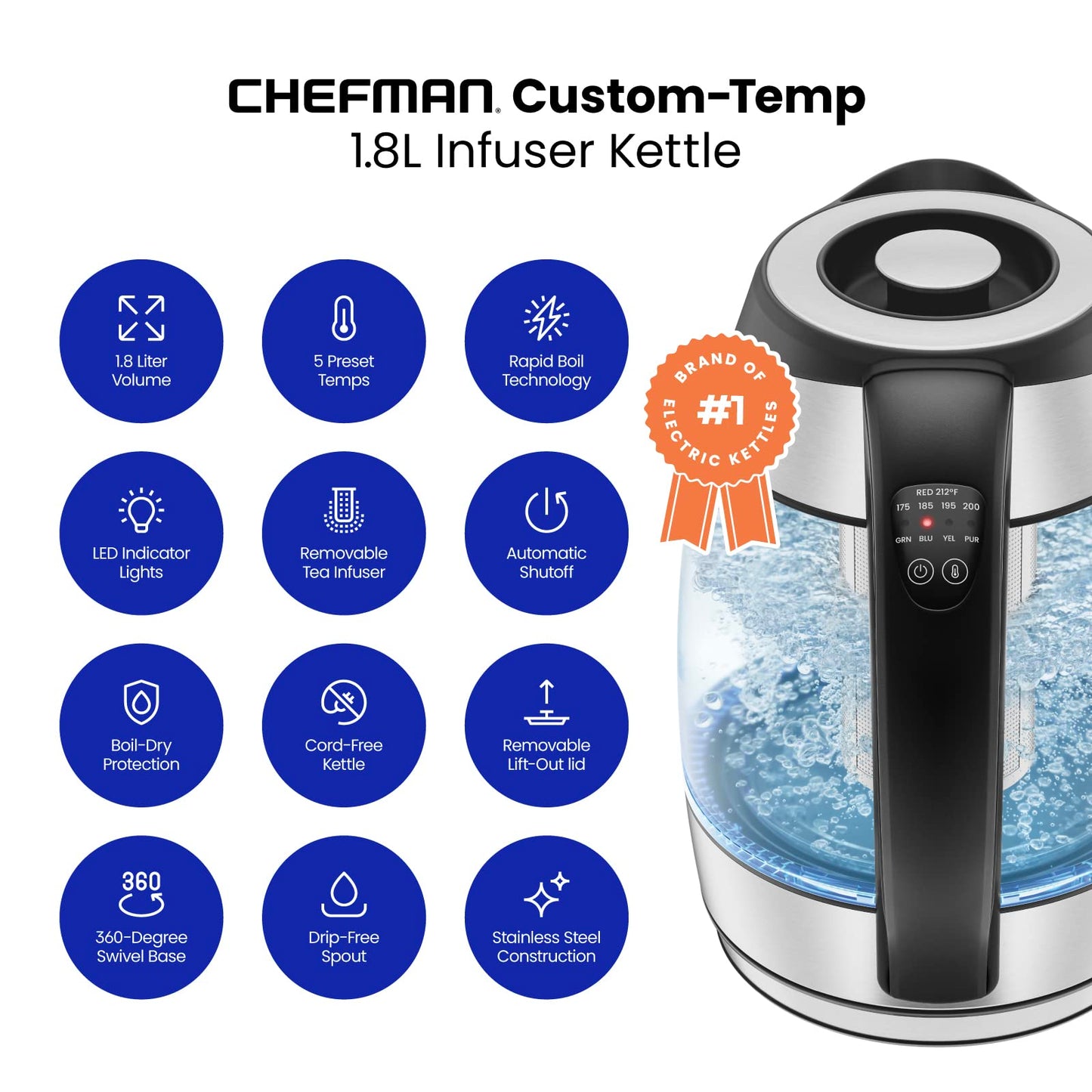 Ус буцалгагч, цай чанагч, гэрэлтэй Chefman 1.8 Liters