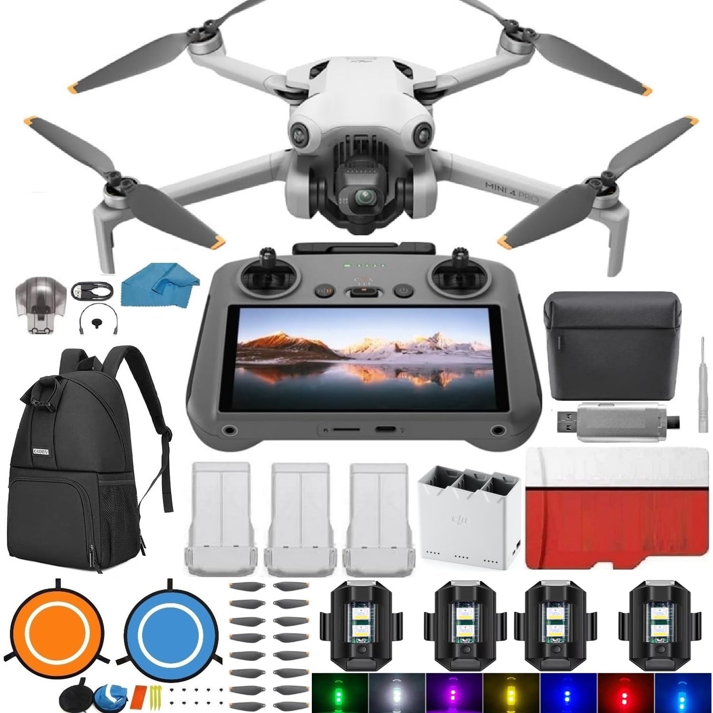 DJI Mini 4 Pro Folding Drone with RC 2 Remote (With Screen) Fly More Combo, 4K HDR Video Camera for Adults, Under 249g, Omnidirectional Sensing, 3 Batteries Bundle with 128 gb SD Card Strobe Lights and More